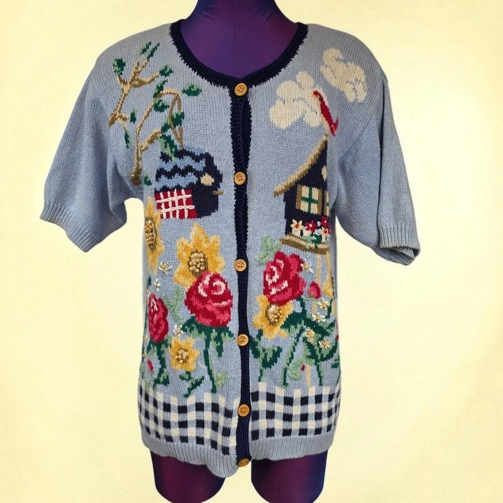 Vintage Jantzen Hand Embroidered Cottagecore Cardigan Sweater Blue Medium Petite